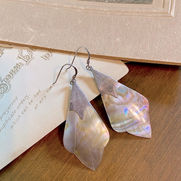 SOLD-Vintage Stylized Fan Leaf shaped Abalone Shell & Sterling Drop Earrings - Picture 13 of 15